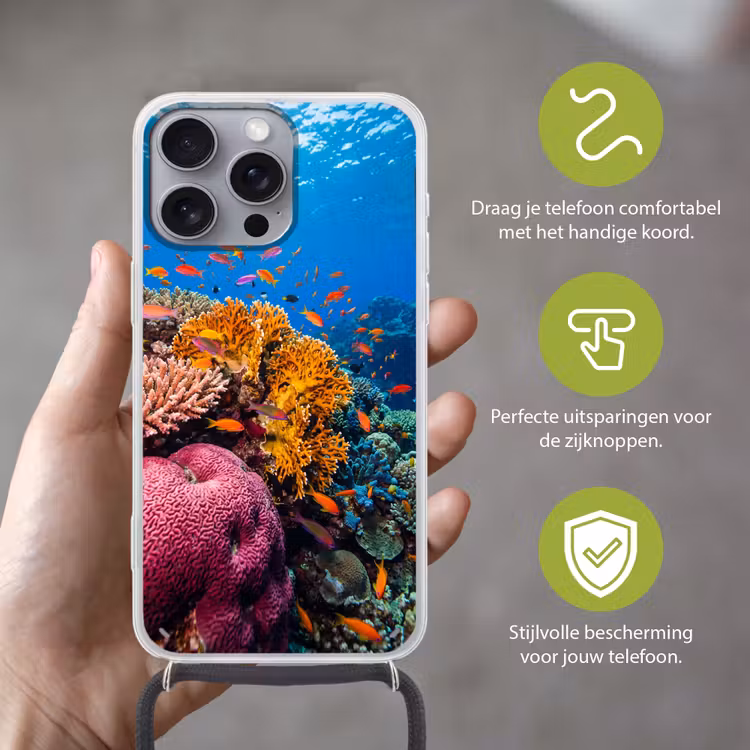 Koraal - Vissen - Oceaan - Natuur - Kleurrijk Hoesje iPhone 16 Pro Max met koord klein -sfeer2_NL