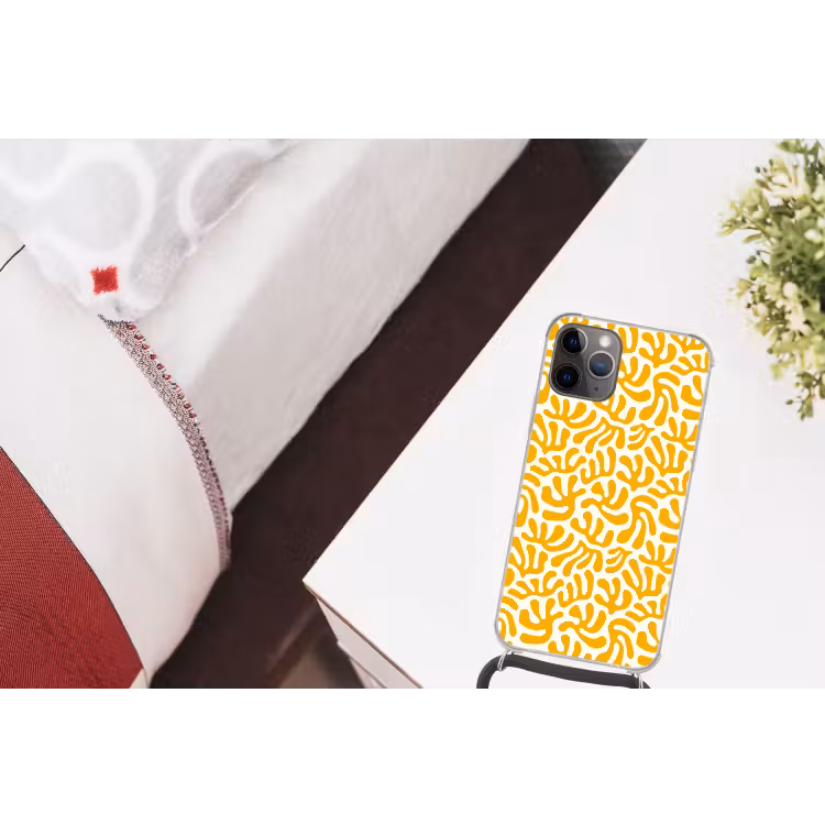 Koraal - Wit - Geel - Patroon - Zomer Hoesje iPhone 12 Pro met koord klein -kamer