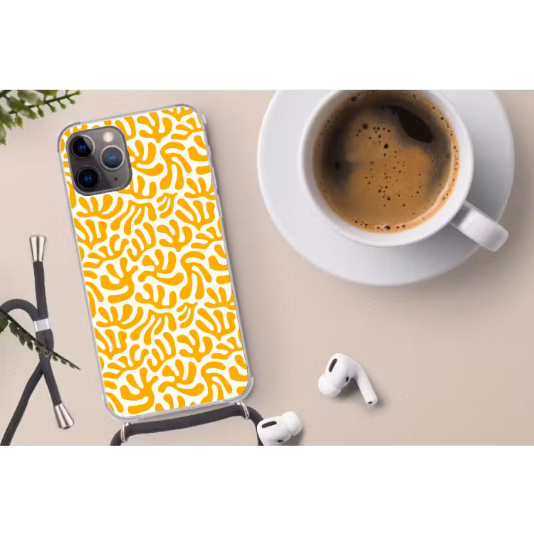 Koraal - Wit - Geel - Patroon - Zomer Hoesje iPhone 12 Pro met koord klein -oordop