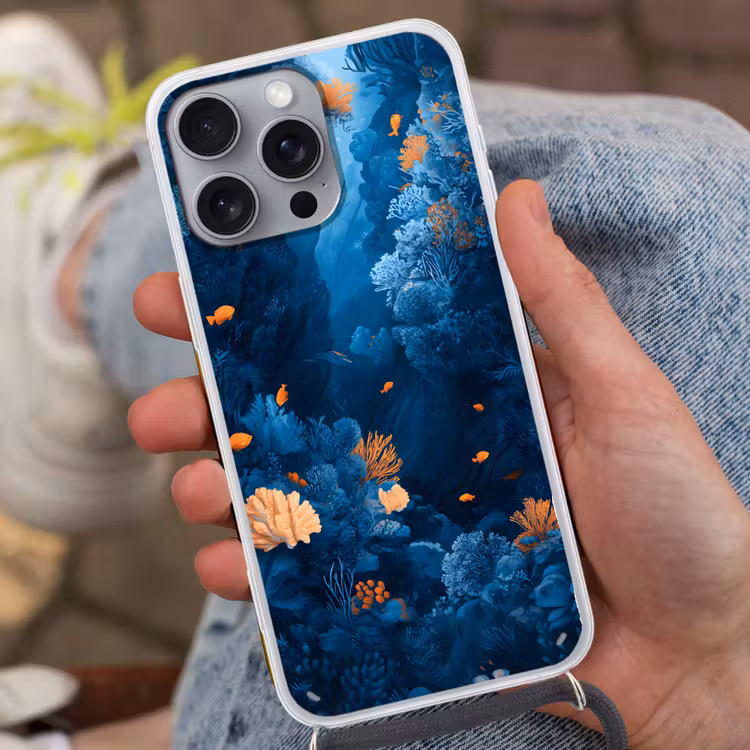 Koraalrif - Vissen - Oceaan - Blauw Hoesje iPhone 16 Pro Max met koord klein -sfeer3