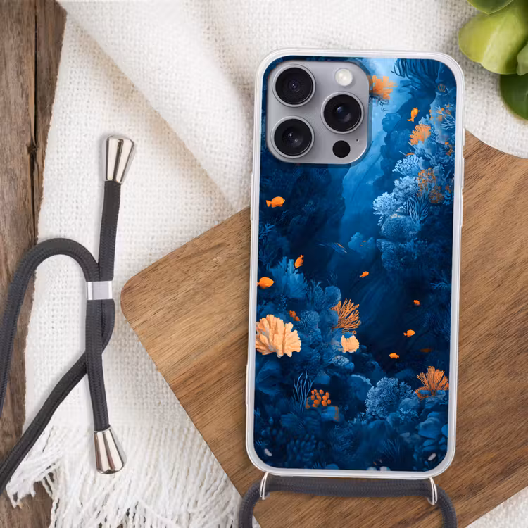 Koraalrif - Vissen - Oceaan - Blauw Hoesje iPhone 16 Pro Max met koord klein -sfeer4