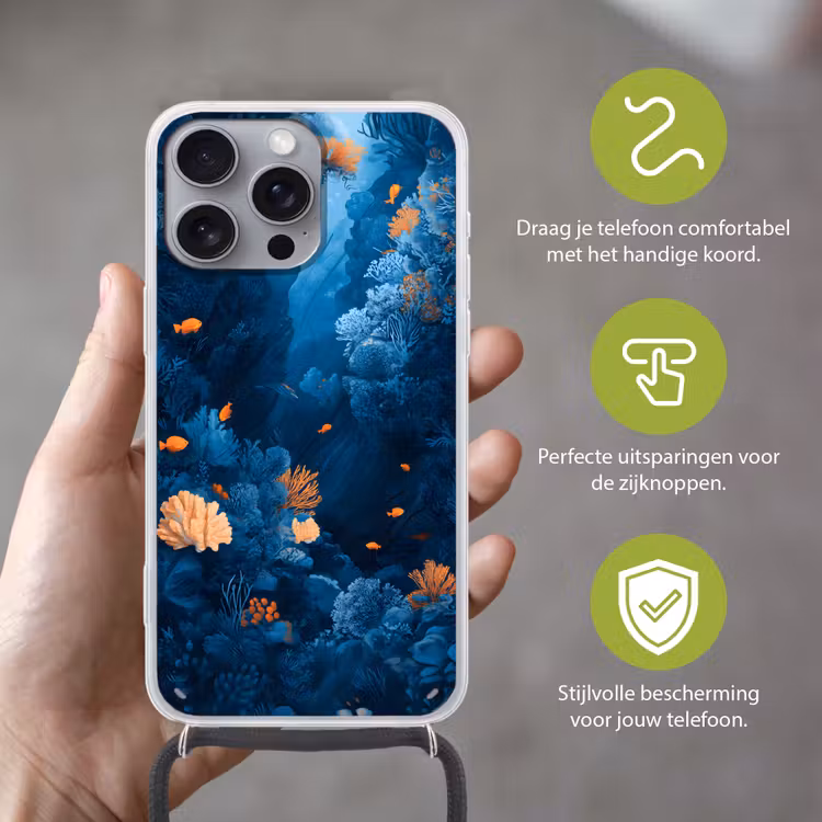 Koraalrif - Vissen - Oceaan - Blauw Hoesje iPhone 16 Pro Max met koord klein -sfeer2_NL