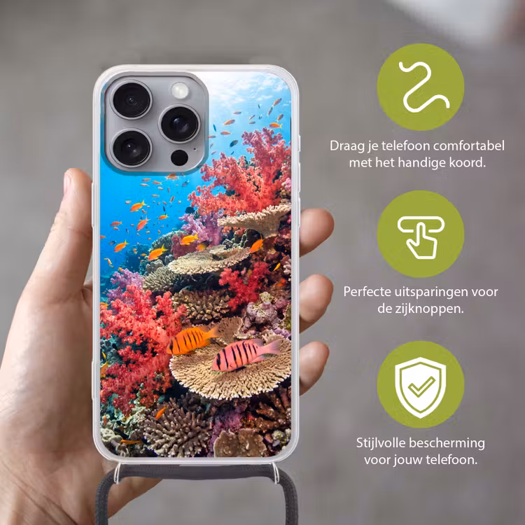 Koraalrif - Vissen - Onderwater - Tropisch - Rood Hoesje iPhone 16 Pro Max met koord klein -sfeer2_NL