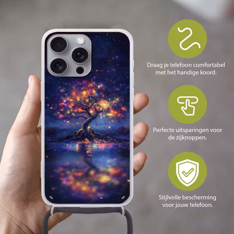 Kosmisch - lichtboom - Kerst - Kleurrijk Hoesje iPhone 16 Pro Max met koord klein -sfeer2_NL