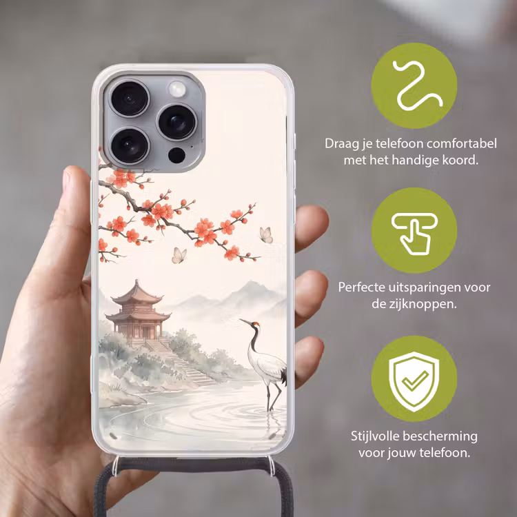 Kraanvogel - Azië - Klassiek Hoesje iPhone 16 Pro Max met koord klein -sfeer2_NL