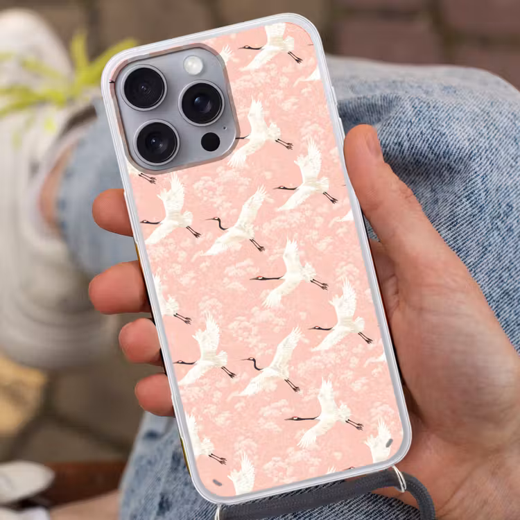 Kraanvogels - Bloesem - Roze Hoesje iPhone 16 Pro Max met koord klein 804 -sfeer3