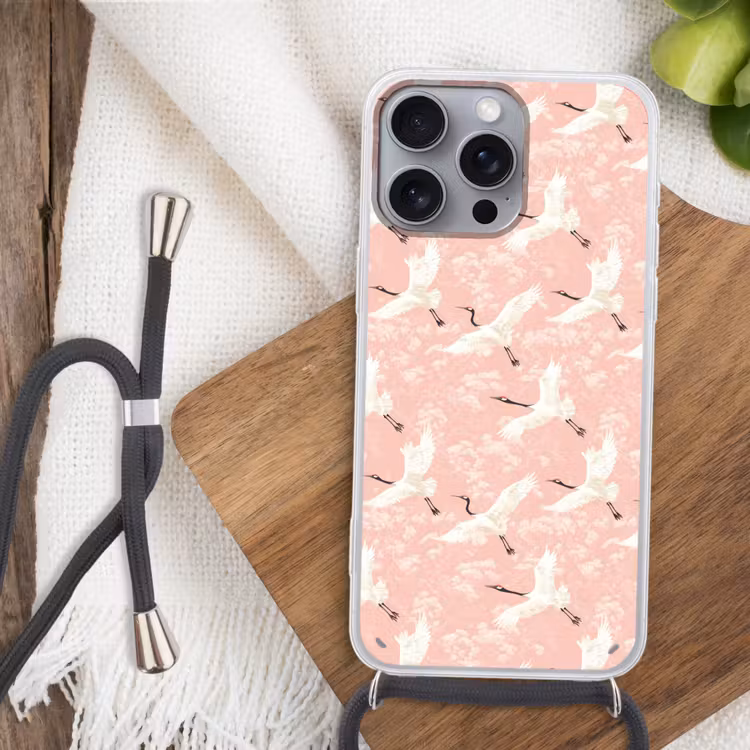 Kraanvogels - Bloesem - Roze Hoesje iPhone 16 Pro Max met koord klein 804 -sfeer4