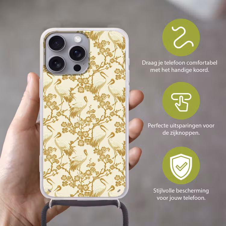 Kraanvogels - Kersenbloesem - Goud Hoesje iPhone 16 Pro Max met koord klein 804 -sfeer2_NL