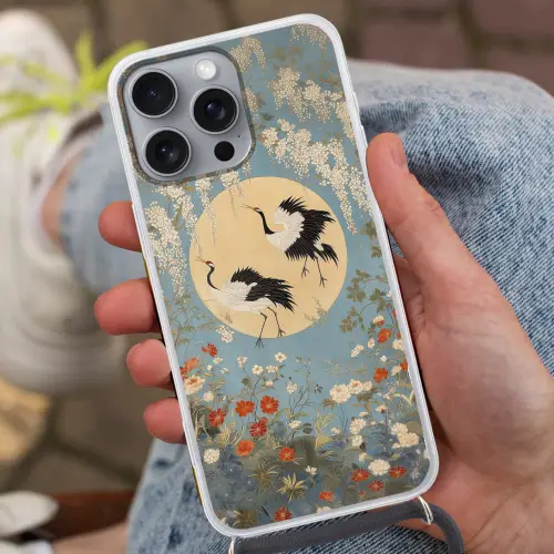 Kraanvogels - Maan - Bloemen - Blauw Hoesje iPhone 16 Pro Max met koord klein -sfeer3