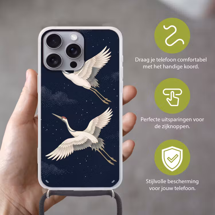 Kraanvogels - Nachthemel - Blauw Hoesje iPhone 16 Pro Max met koord klein -sfeer2_NL