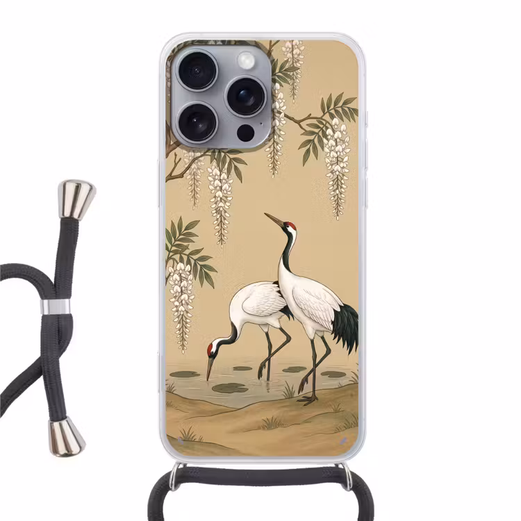 Kraanvogels - Water - Beige Hoesje iPhone 16 Pro Max met koord klein -3d