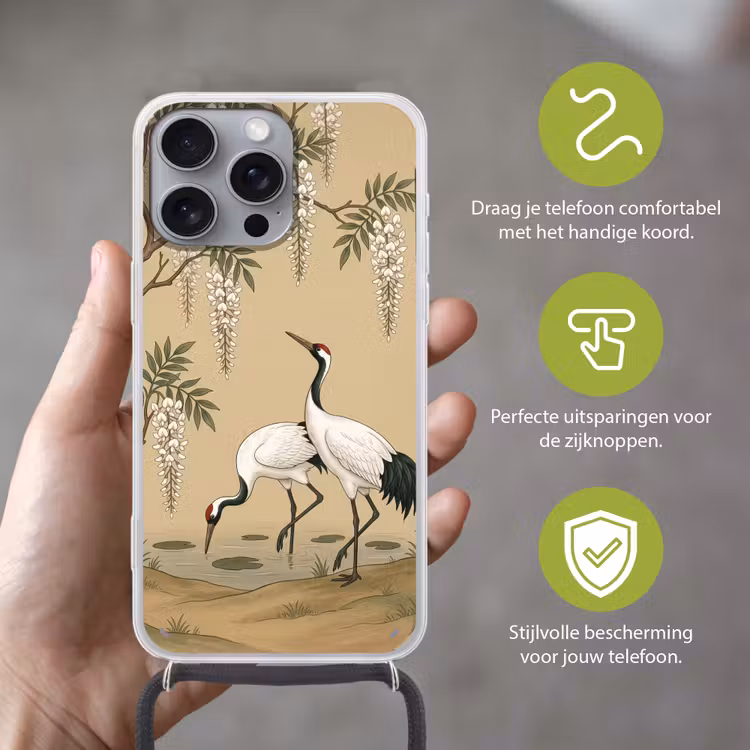 Kraanvogels - Water - Beige Hoesje iPhone 16 Pro Max met koord klein -sfeer2_NL