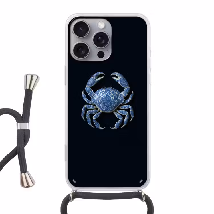 Krab - Delfts blauw - Dieren Hoesje iPhone 16 Pro Max met koord klein -3d