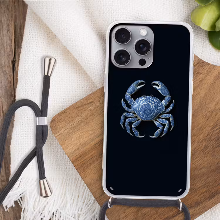 Krab - Delfts blauw - Dieren Hoesje iPhone 16 Pro Max met koord klein -sfeer4