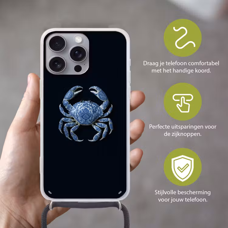Krab - Delfts blauw - Dieren Hoesje iPhone 16 Pro Max met koord klein -sfeer2_NL