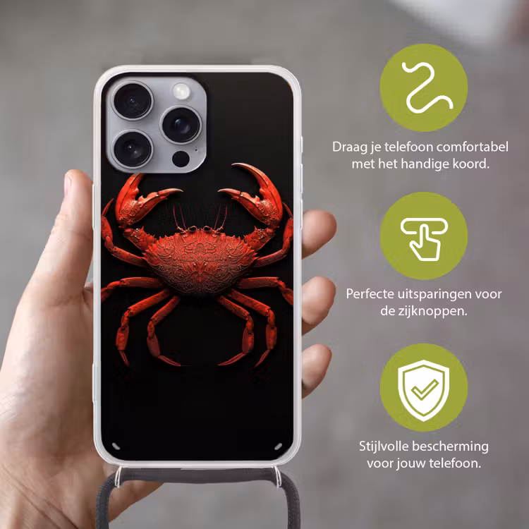 Krab - Rood - Vissen - Schaaldieren Hoesje iPhone 16 Pro Max met koord klein -sfeer2_NL