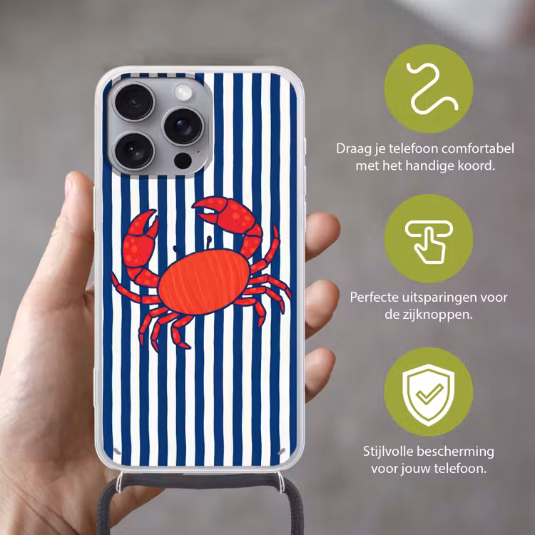 Krab - Strepen - Zeeleven - Illustratie - Rood Hoesje iPhone 16 Pro Max met koord klein -sfeer2_NL
