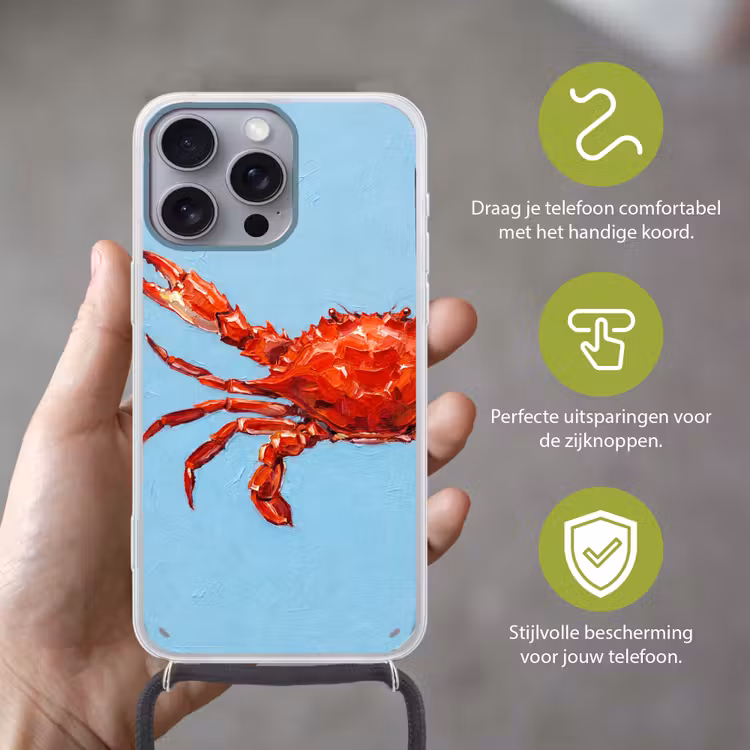 Krab - Zee - Dieren - Abstract - Rood Hoesje iPhone 16 Pro Max met koord klein -sfeer2_NL