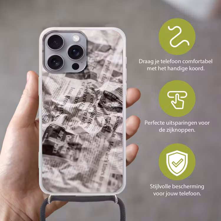 Krant - Gekreukeld - Textuur - Vintage - Zwart-wit Hoesje iPhone 16 Pro Max met koord klein -sfeer2_NL