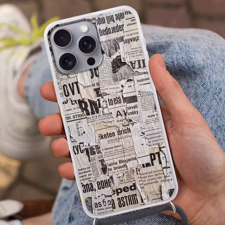 Krant - Gescheurd - Textuur - Abstract - Zwart-wit Hoesje iPhone 16 Pro Max met koord klein -sfeer3