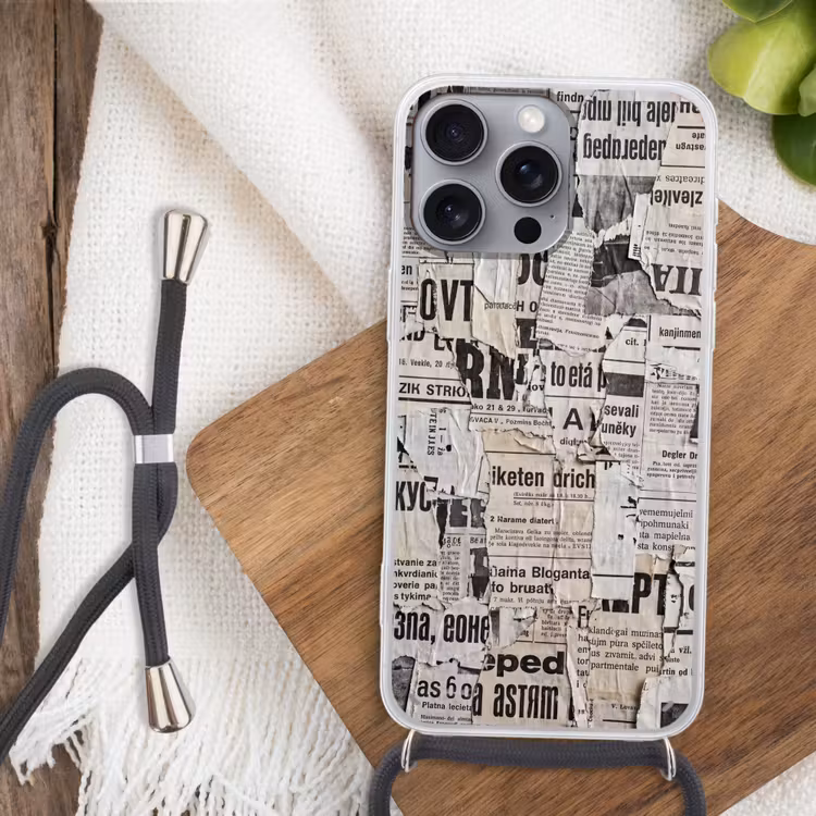Krant - Gescheurd - Textuur - Abstract - Zwart-wit Hoesje iPhone 16 Pro Max met koord klein -sfeer4