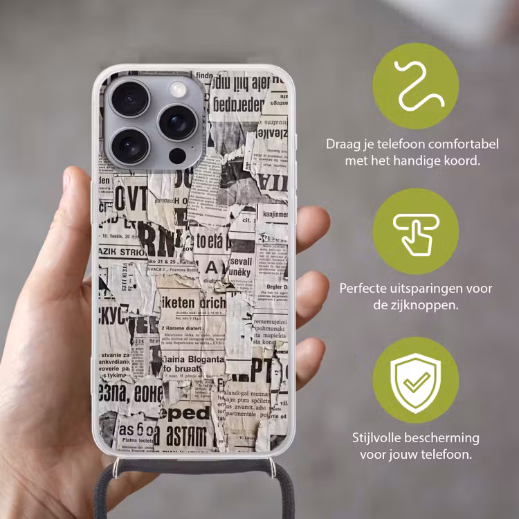 Krant - Gescheurd - Textuur - Abstract - Zwart-wit Hoesje iPhone 16 Pro Max met koord klein -sfeer2_NL