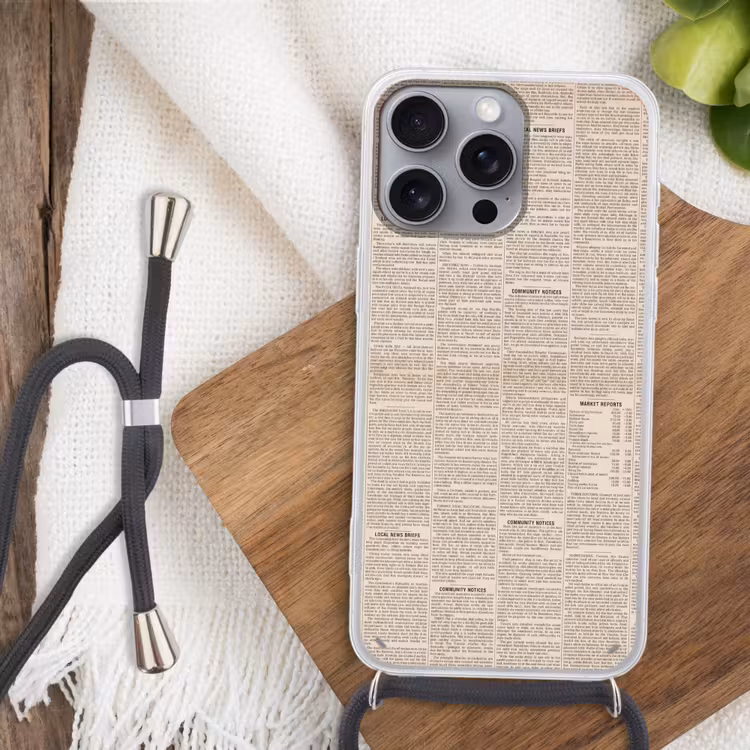 Krant - Nieuws - Historisch - Vintage - Beige Hoesje iPhone 16 Pro Max met koord klein -sfeer4
