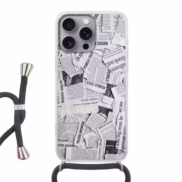 Krant - Versnipperd - Textuur - Zwart-wit - Abstract Hoesje iPhone 16 Pro Max met koord klein -3d