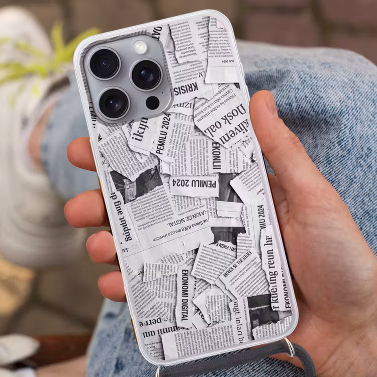 Krant - Versnipperd - Textuur - Zwart-wit - Abstract Hoesje iPhone 16 Pro Max met koord klein -sfeer3