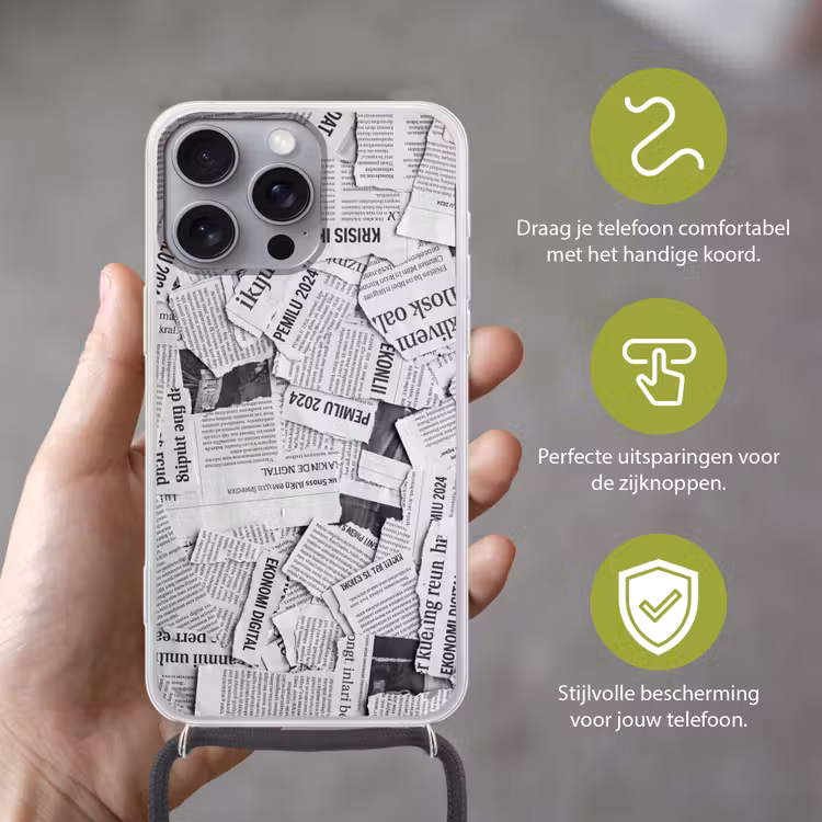 Krant - Versnipperd - Textuur - Zwart-wit - Abstract Hoesje iPhone 16 Pro Max met koord klein -sfeer2_NL