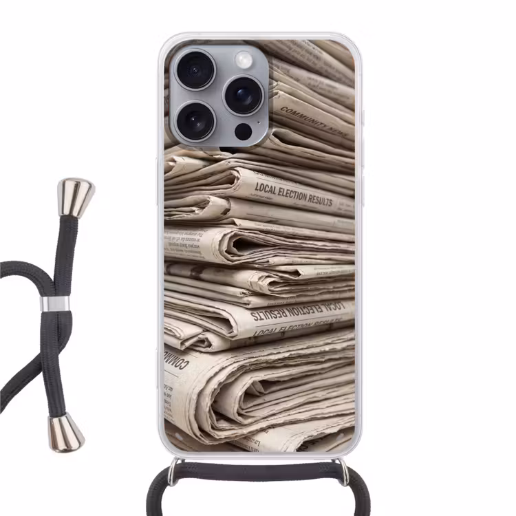 Kranten - Stapel - Nieuws - Vintage - Beige Hoesje iPhone 16 Pro Max met koord klein -3d