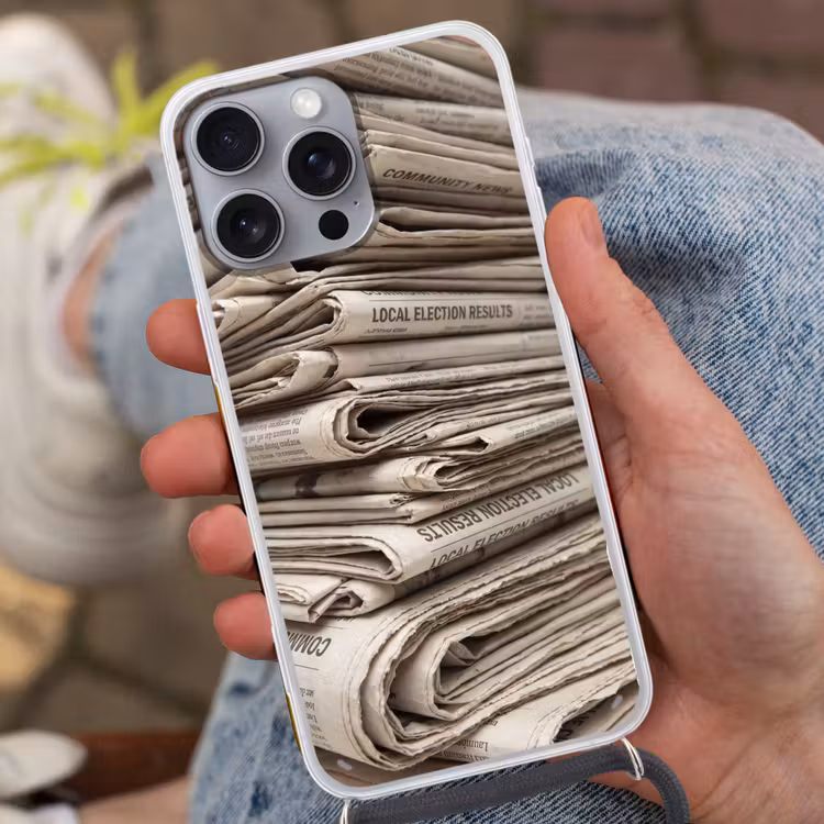 Kranten - Stapel - Nieuws - Vintage - Beige Hoesje iPhone 16 Pro Max met koord klein -sfeer3