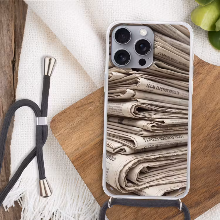 Kranten - Stapel - Nieuws - Vintage - Beige Hoesje iPhone 16 Pro Max met koord klein -sfeer4