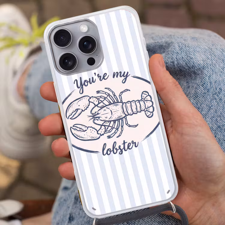 Kreeft - Illustratie - Liefde - Blauw - Decoratie Hoesje iPhone 16 Pro Max met koord klein -sfeer3