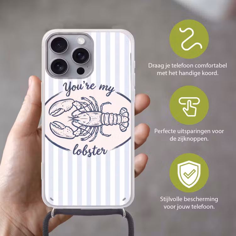 Kreeft - Illustratie - Liefde - Blauw - Decoratie Hoesje iPhone 16 Pro Max met koord klein -sfeer2_NL