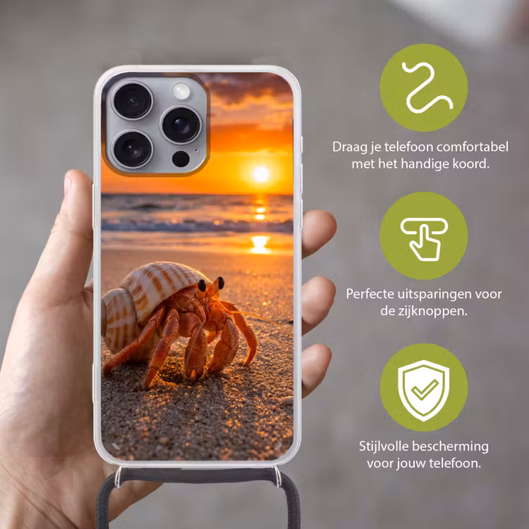 Kreeft - Strand - Natuur - Zonsondergang - Oranje Hoesje iPhone 16 Pro Max met koord klein -sfeer2_NL