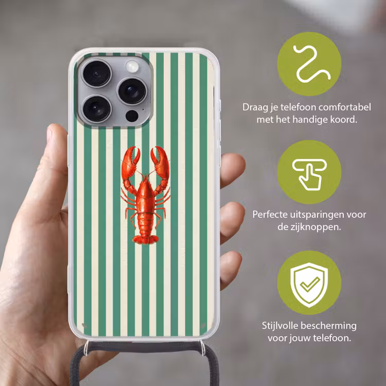 Kreeft - Strepen - Realistisch - Zomers Hoesje iPhone 16 Pro Max met koord klein -sfeer2_NL