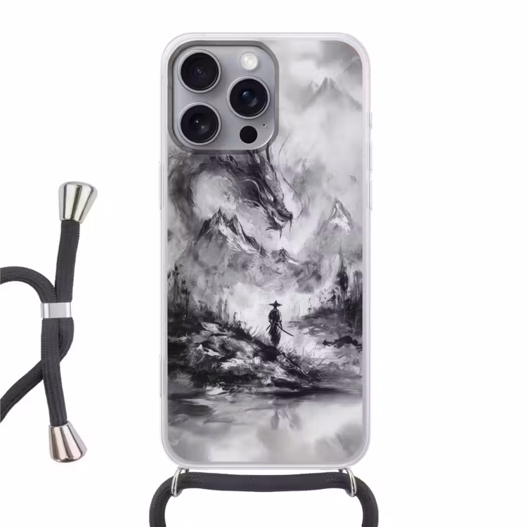 Krijger - Draak - Grijs Hoesje iPhone 16 Pro Max met koord klein -3d