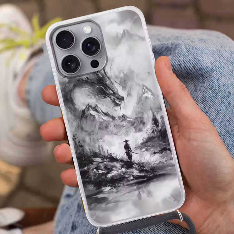 Krijger - Draak - Grijs Hoesje iPhone 16 Pro Max met koord klein -sfeer3