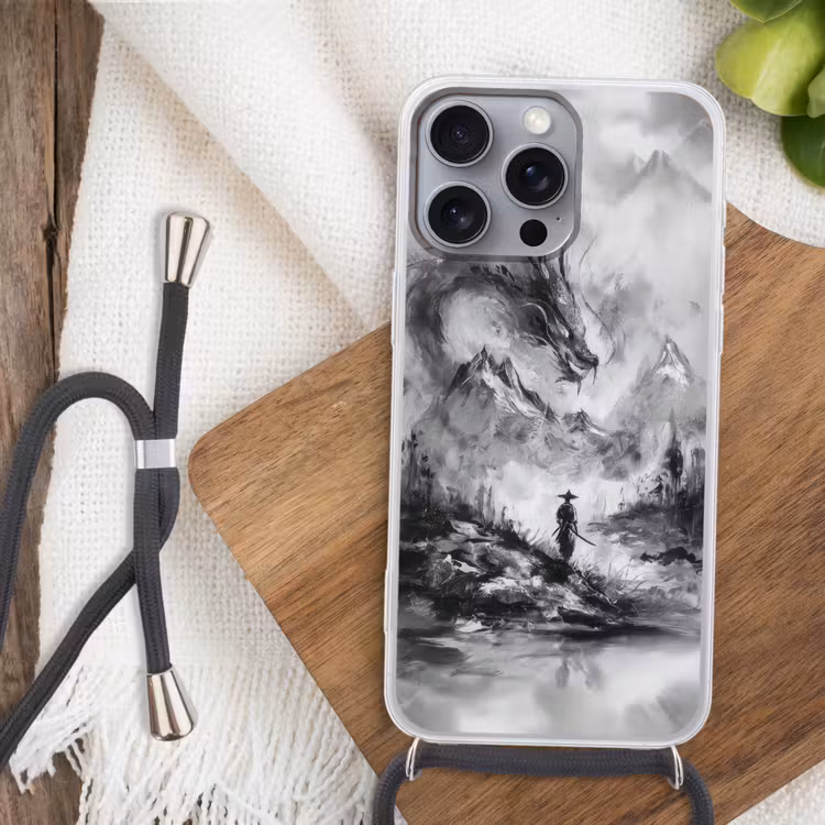 Krijger - Draak - Grijs Hoesje iPhone 16 Pro Max met koord klein -sfeer4