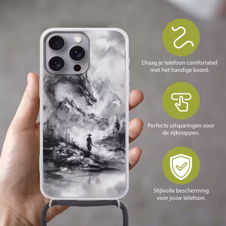 Krijger - Draak - Grijs Hoesje iPhone 16 Pro Max met koord klein -sfeer2_NL