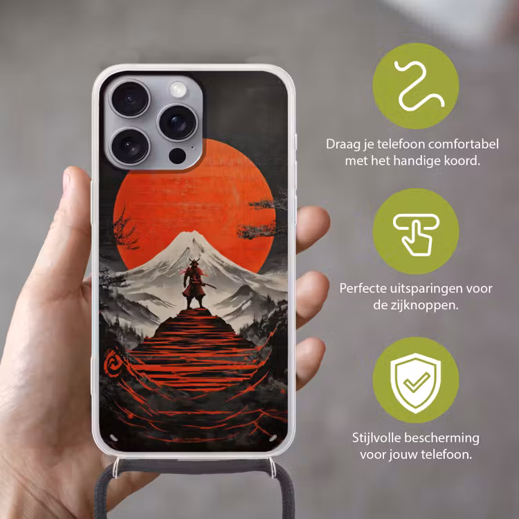 Krijger - Rode trappen - Zon - Berg Hoesje iPhone 16 Pro Max met koord klein -sfeer2_NL