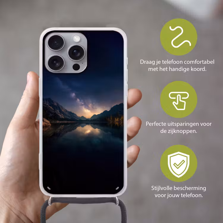 Kristalhelder meer - Bergen - Bergen Hoesje iPhone 16 Pro Max met koord klein -sfeer2_NL