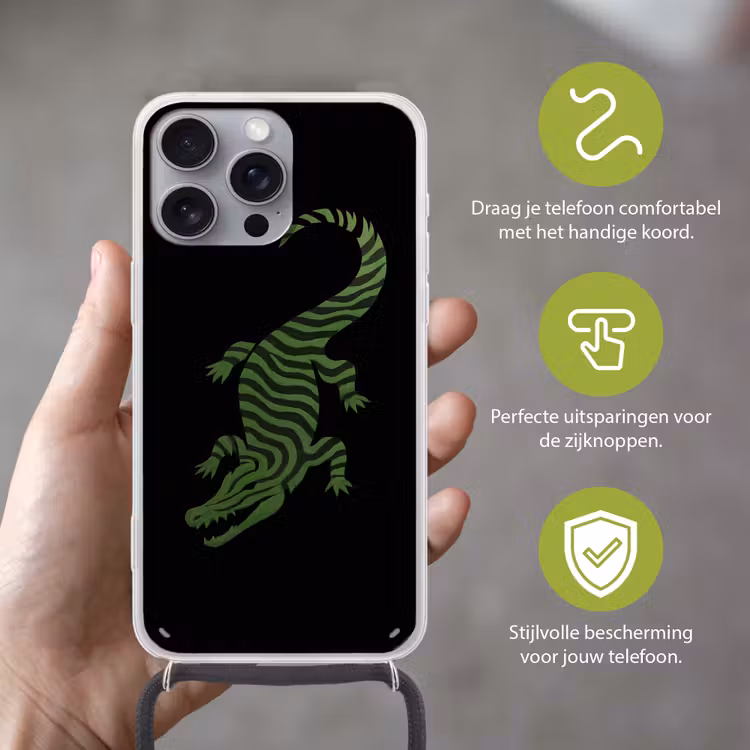Krokodil - Groen - Tijgerachtig - Strepen Hoesje iPhone 16 Pro Max met koord klein -sfeer2_NL