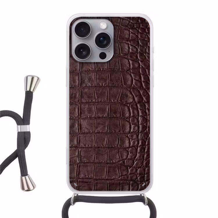 Krokodil - Leer - Bruin Hoesje iPhone 16 Pro Max met koord klein -3d