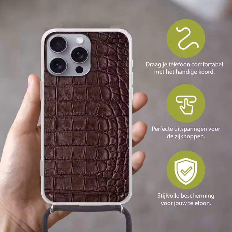 Krokodil - Leer - Bruin Hoesje iPhone 16 Pro Max met koord klein -sfeer2_NL