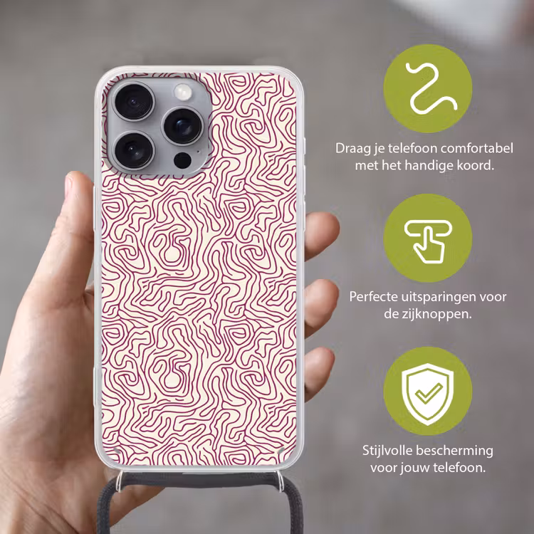 Kronkelende lijn - Magenta - Crème Hoesje iPhone 16 Pro Max met koord klein 804 -sfeer2_NL