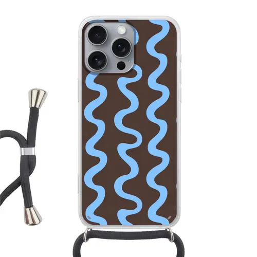 Kronkelende lijnen - Blauw - Bruin - Minimalistisch Hoesje iPhone 16 Pro Max met koord klein 804 -3d