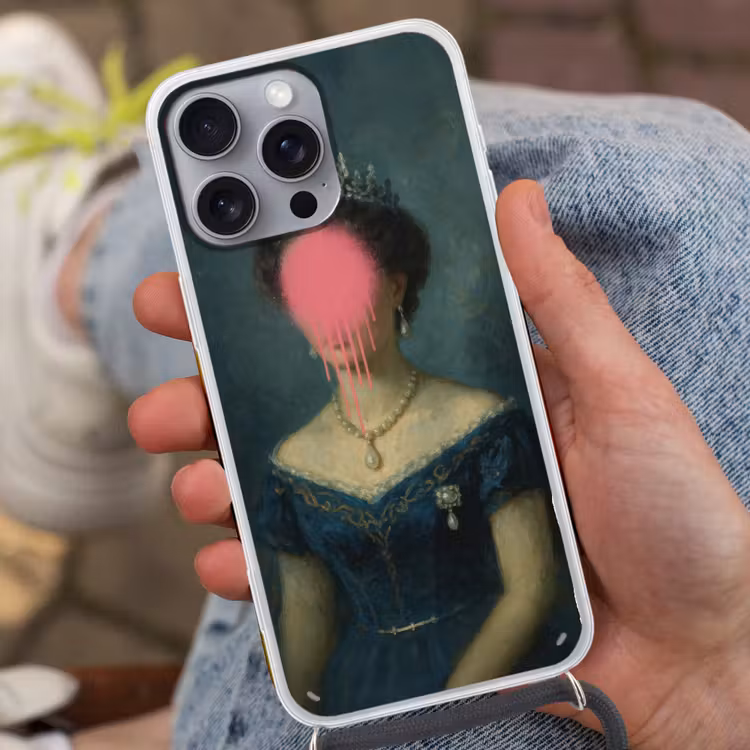 Kroon - Roze druipend verf - Portret Hoesje iPhone 16 Pro Max met koord klein -sfeer3