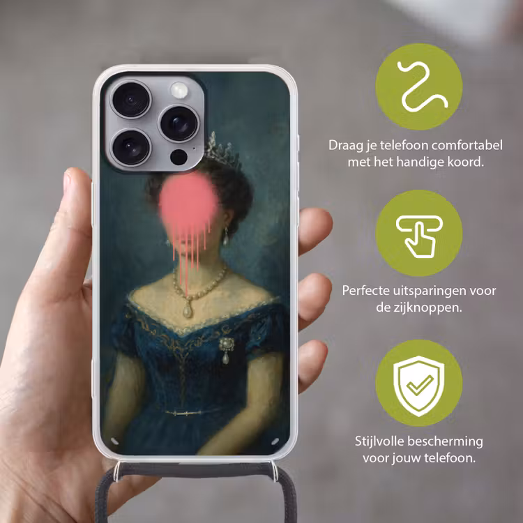 Kroon - Roze druipend verf - Portret Hoesje iPhone 16 Pro Max met koord klein -sfeer2_NL